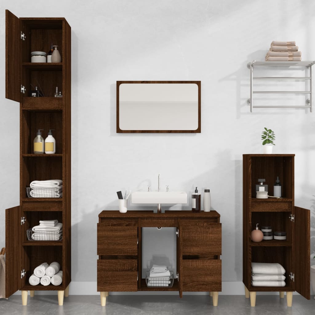 3 Piece Bathroom Furniture Set Brown Oak Engineered Wood