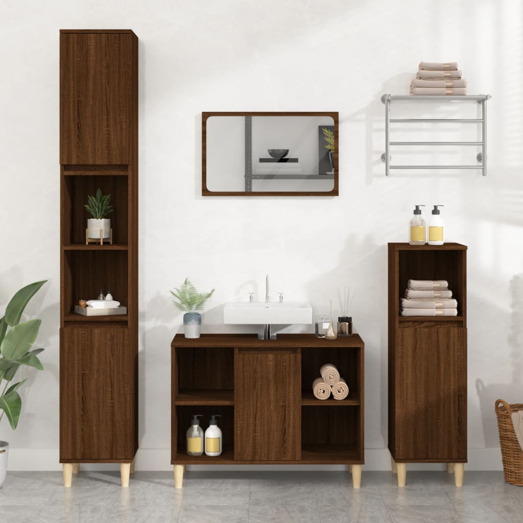 3 Piece Bathroom Furniture Set Brown Oak Engineered Wood