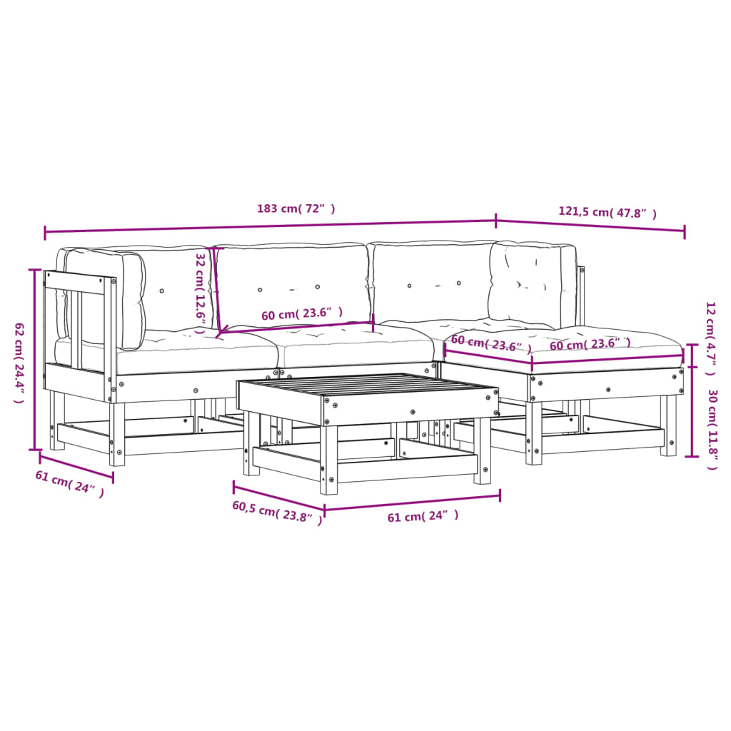 5 Piece Garden Lounge Set with Cushions Solid Wood