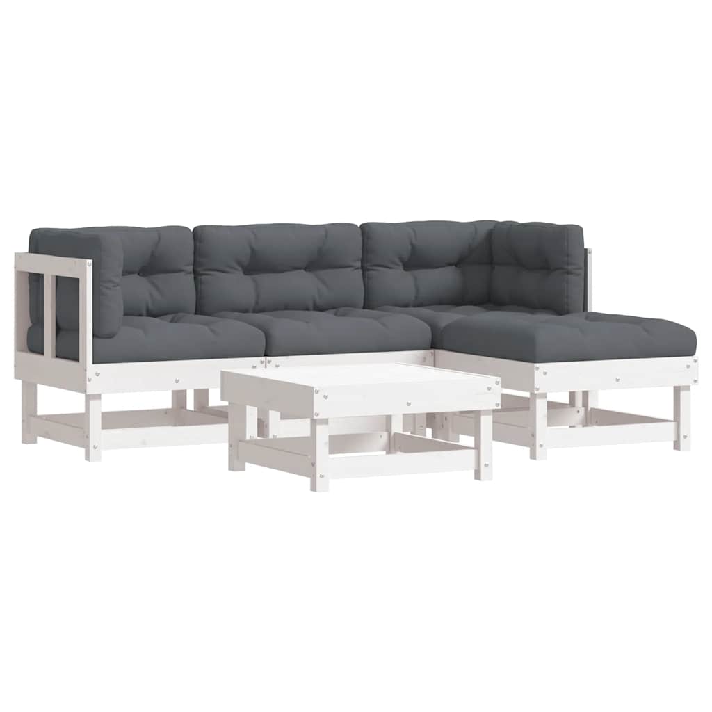 5 Piece Garden Lounge Set with Cushions White Solid Wood