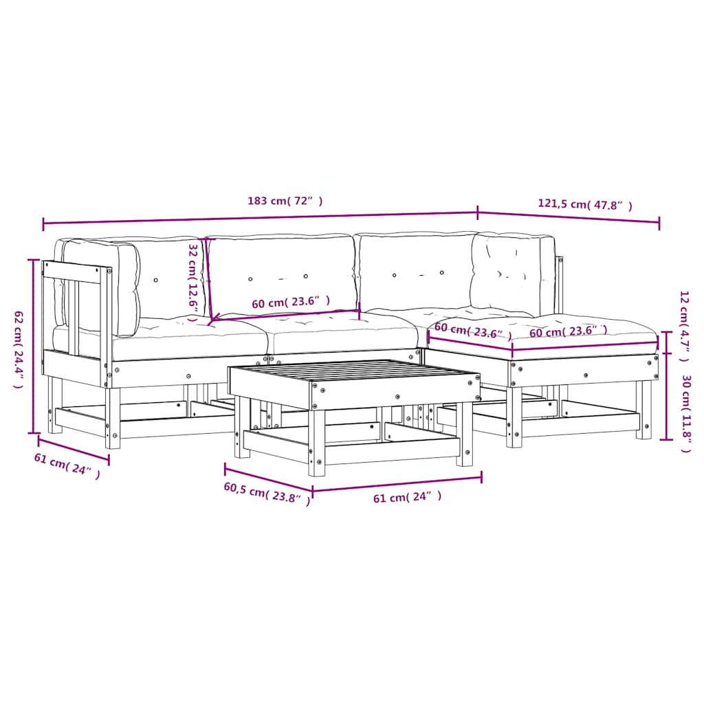 5 Piece Garden Lounge Set with Cushions White Solid Wood