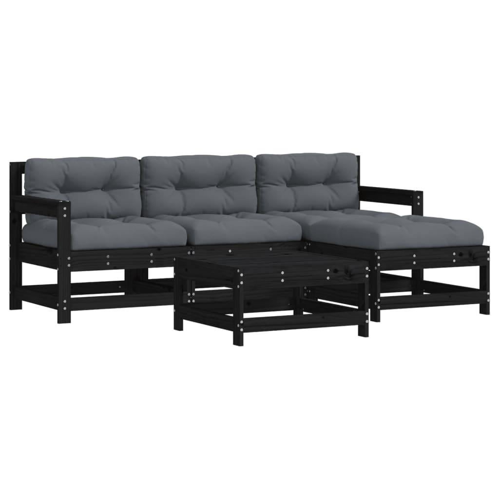 5 Piece Garden Lounge Set with Cushions Black Solid Wood
