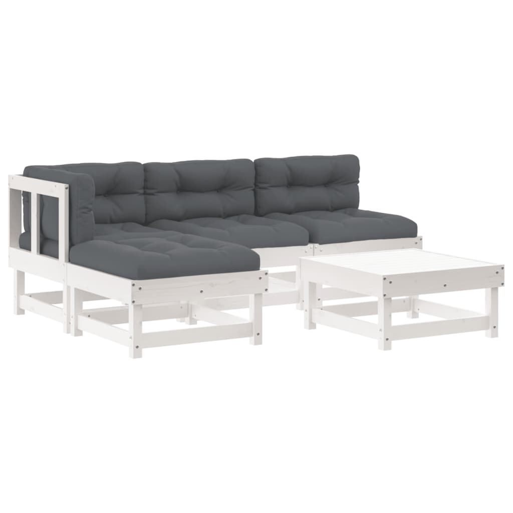 5 Piece Garden Lounge Set with Cushions White Solid Wood