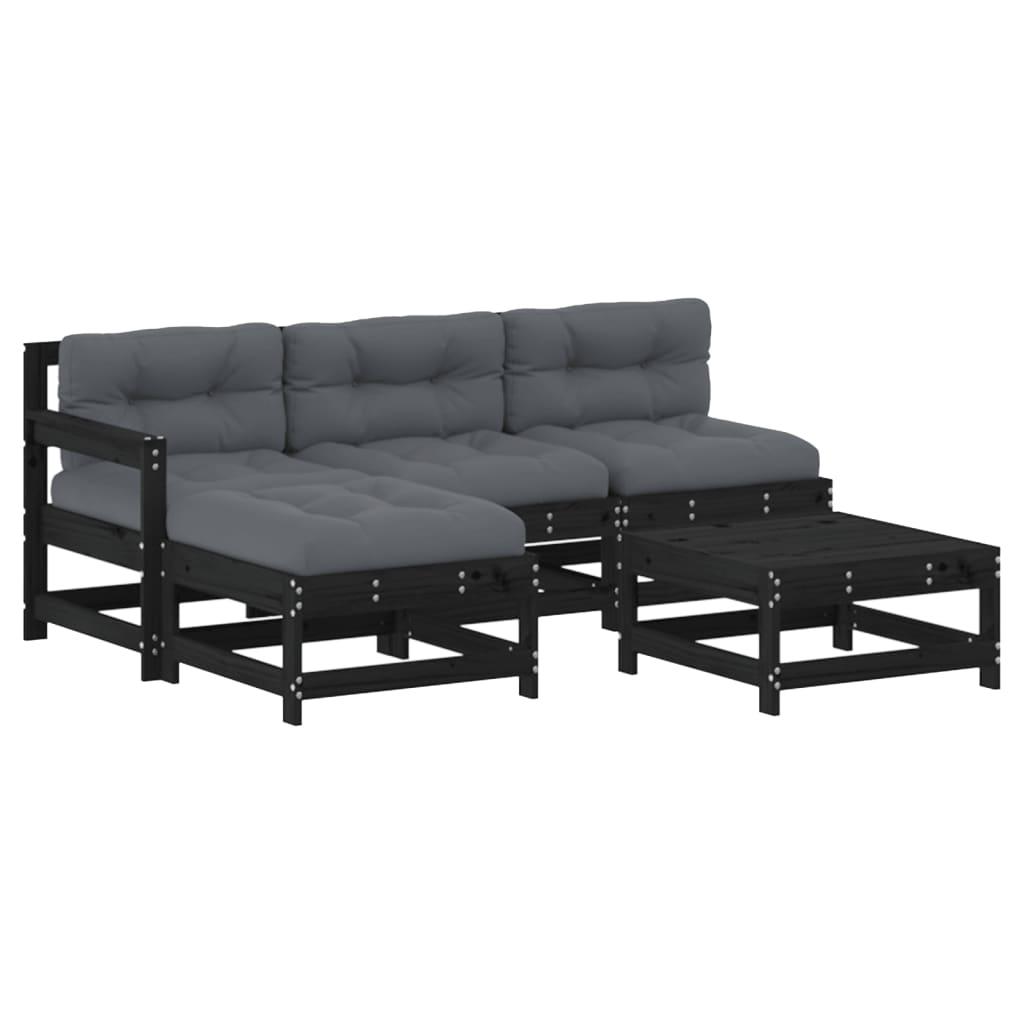 5 Piece Garden Lounge Set with Cushions Black Solid Wood