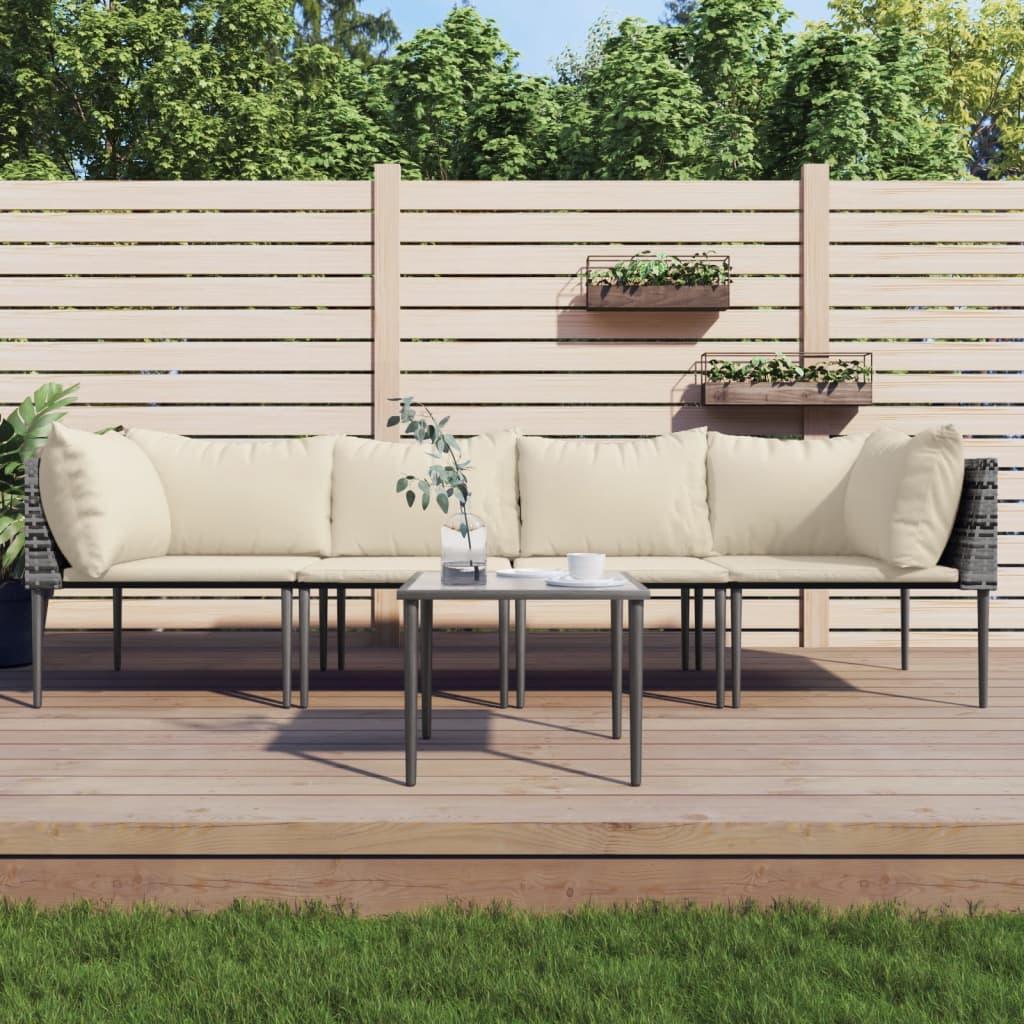 5 Piece Garden Lounge Set with Cushions Grey Poly Rattan
