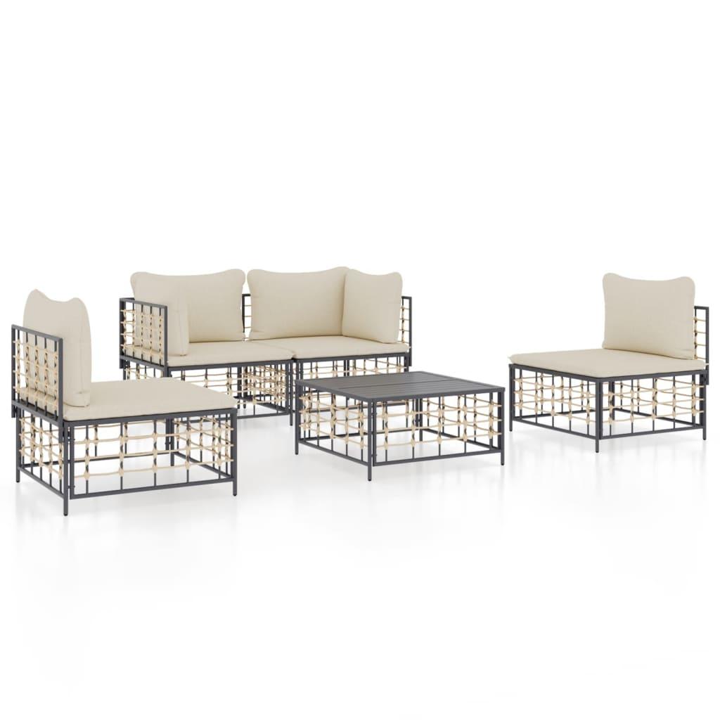 5 Piece Garden Lounge Set with Cushions Anthracite Poly Rattan