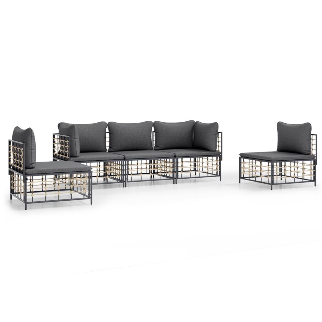 5 Piece Garden Lounge Set with Cushions Anthracite Poly Rattan
