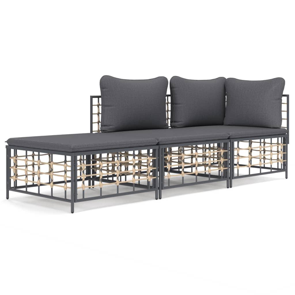 3 Piece Garden Lounge Set with Cushions Anthracite Poly Rattan