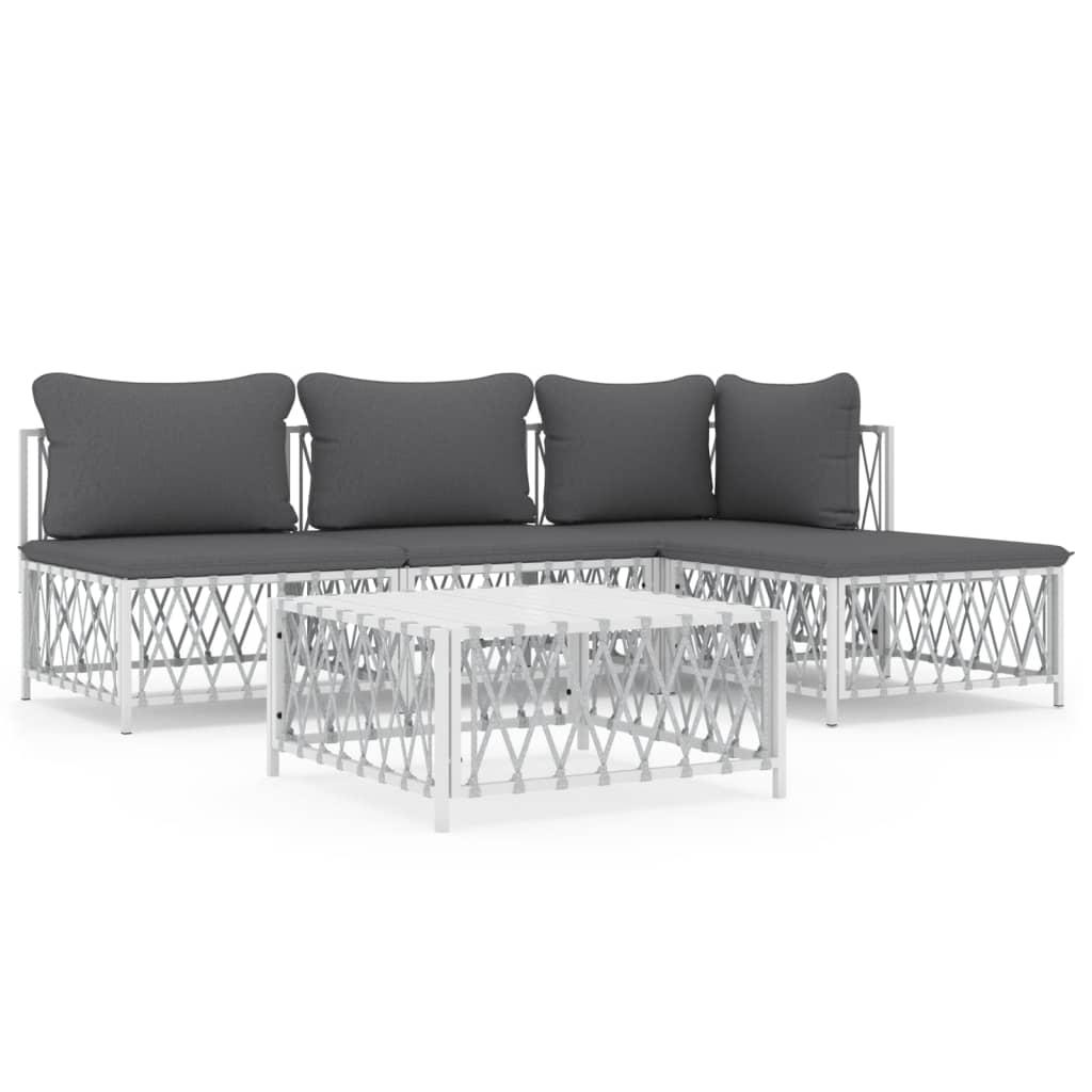 5 Piece Garden Lounge Set with Cushions White Steel