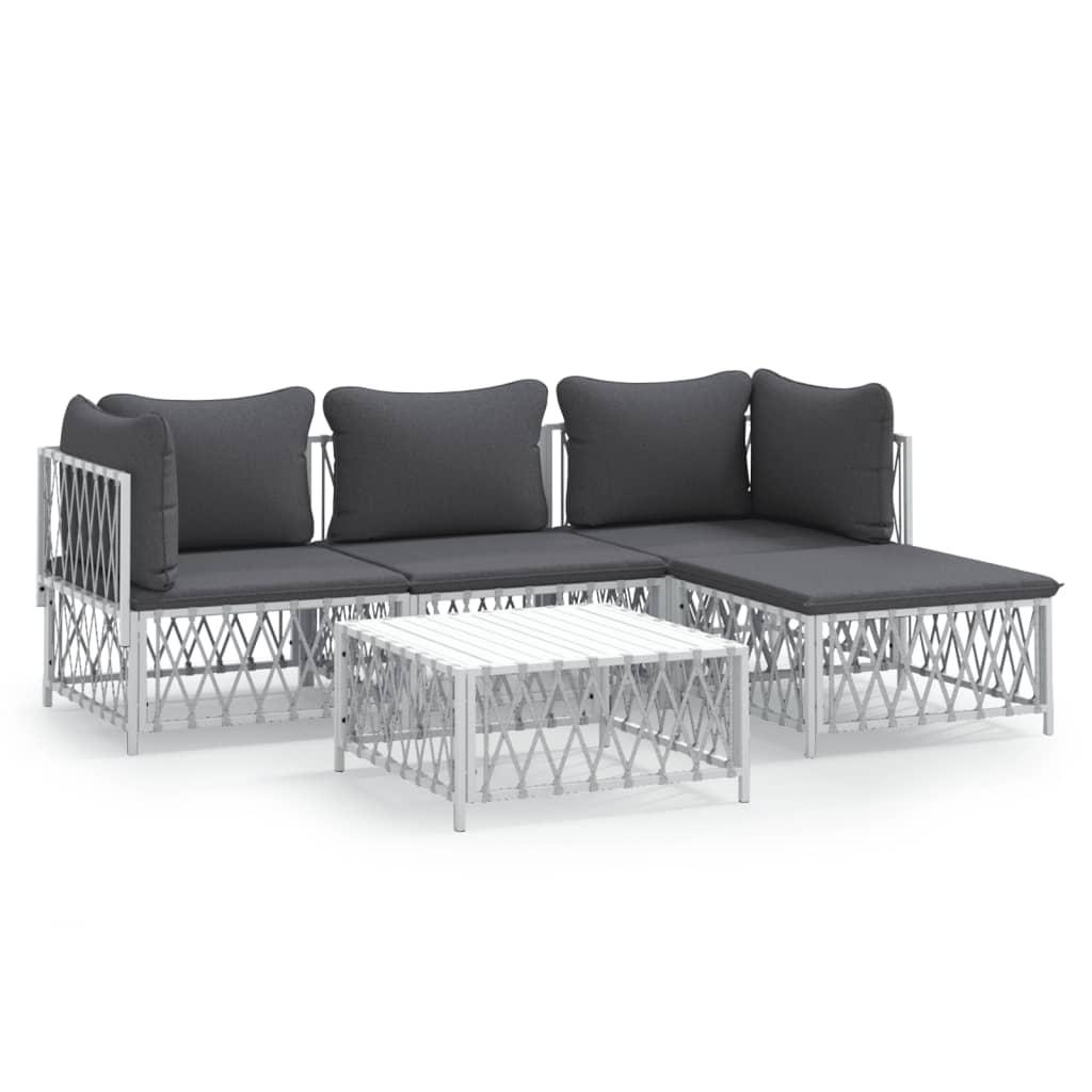 5 Piece Garden Lounge Set with Cushions White Steel