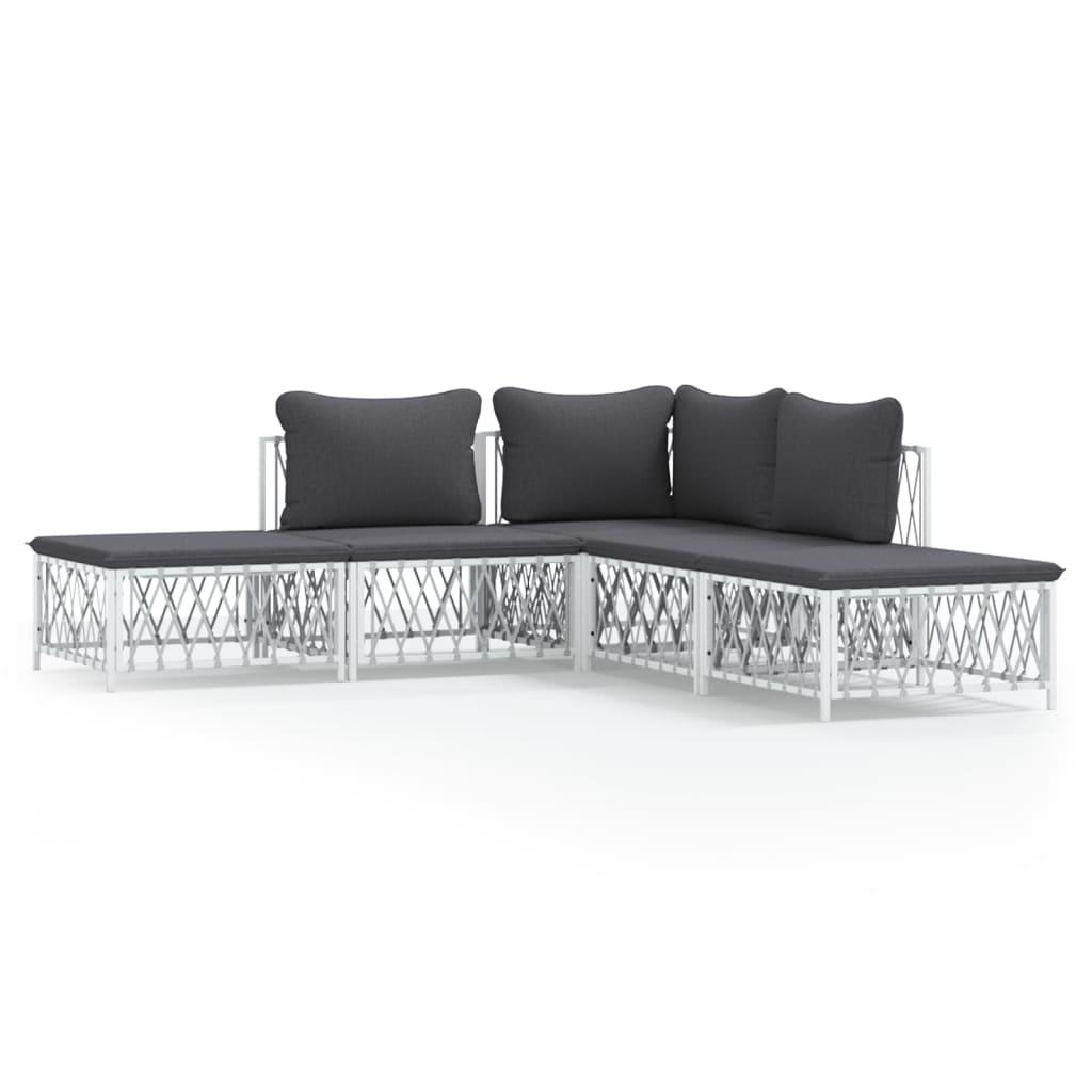 5 Piece Garden Lounge Set with Cushions White Steel