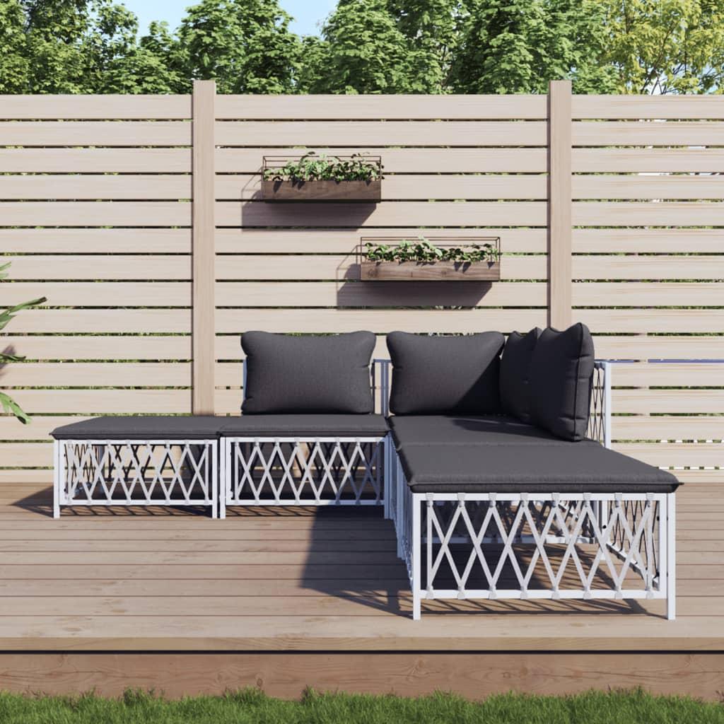5 Piece Garden Lounge Set with Cushions White Steel