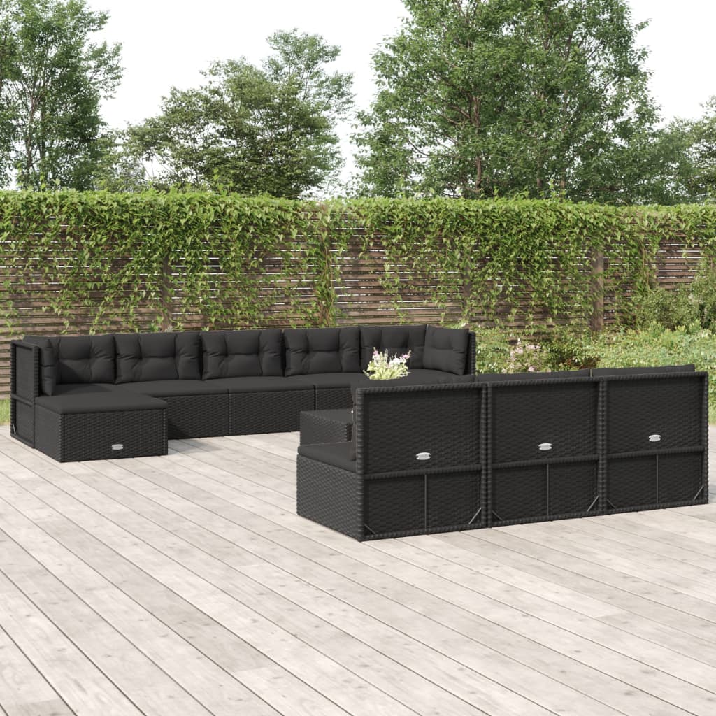 11 Piece Outdoor Sofa Set with Cushions Black Poly Rattan