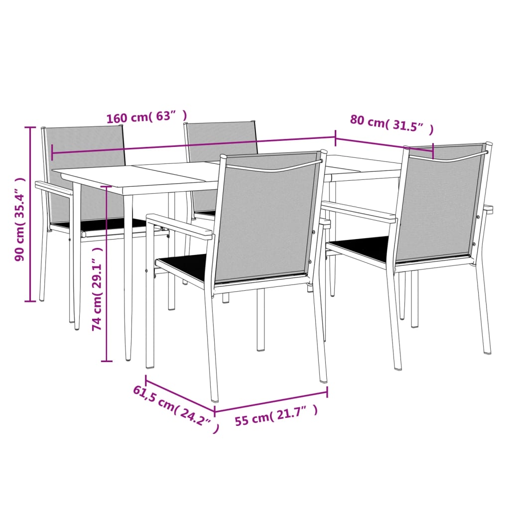 5 Piece Garden Dining Set Black Textilene and Steel
