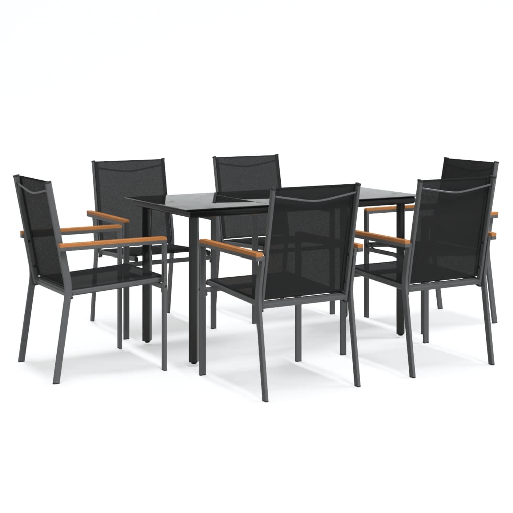 7 Piece Garden Dining Set Black Textilene and Steel
