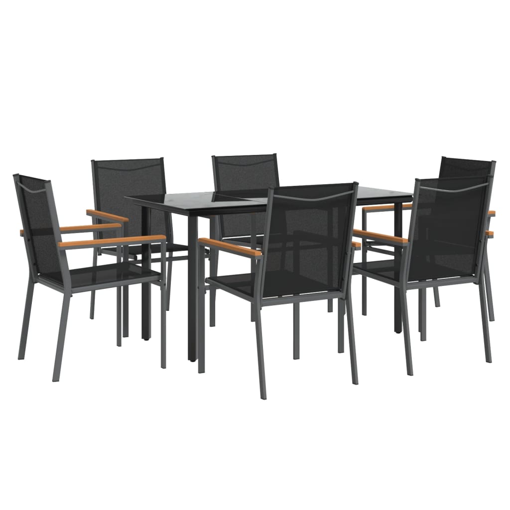 7 Piece Garden Dining Set Black Textilene and Steel
