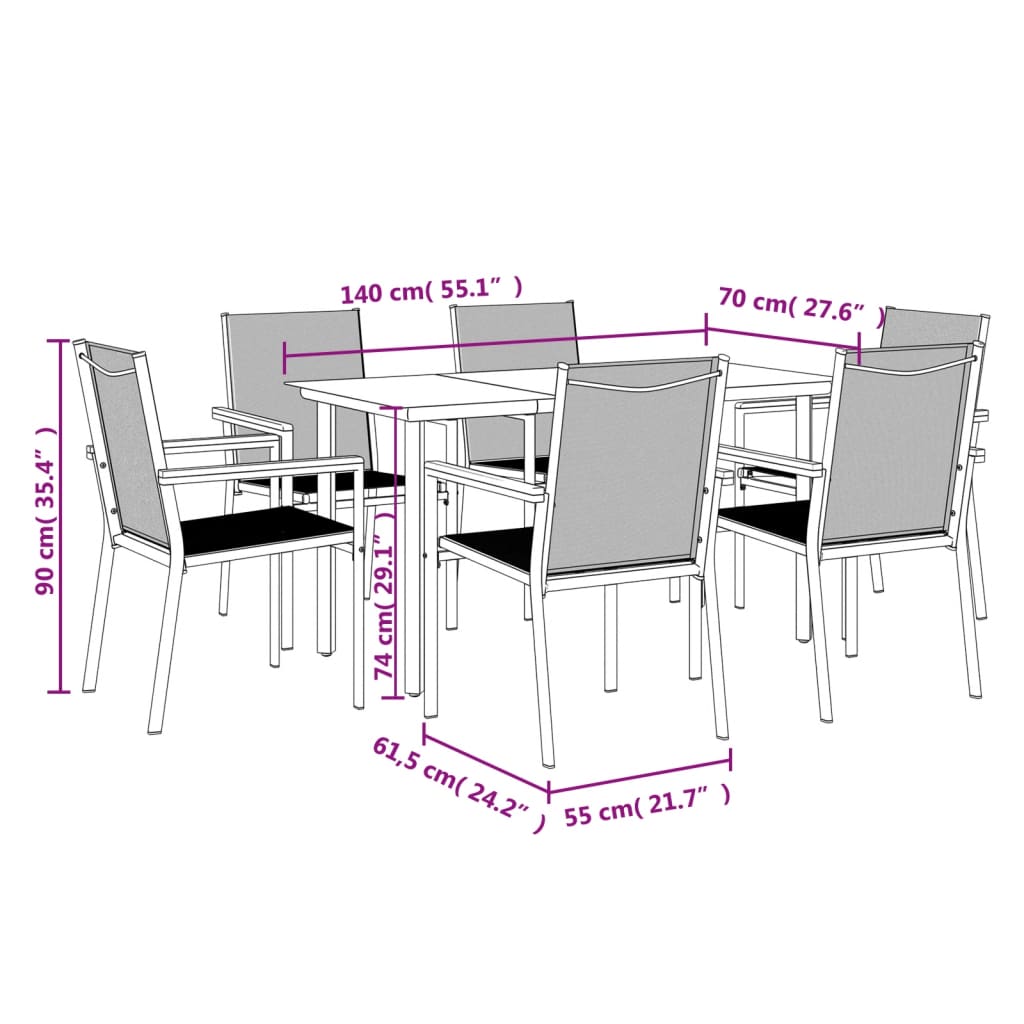 7 Piece Garden Dining Set Black Textilene and Steel
