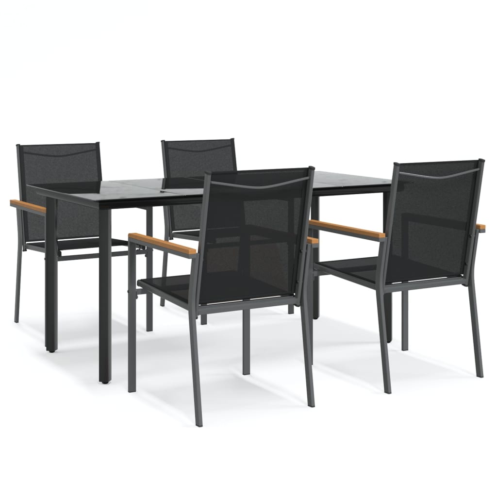 5 Piece Garden Dining Set Black Textilene and Steel