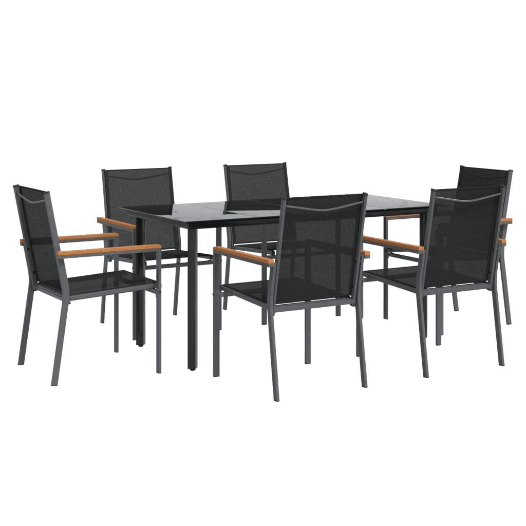 7 Piece Garden Dining Set Black Textilene and Steel