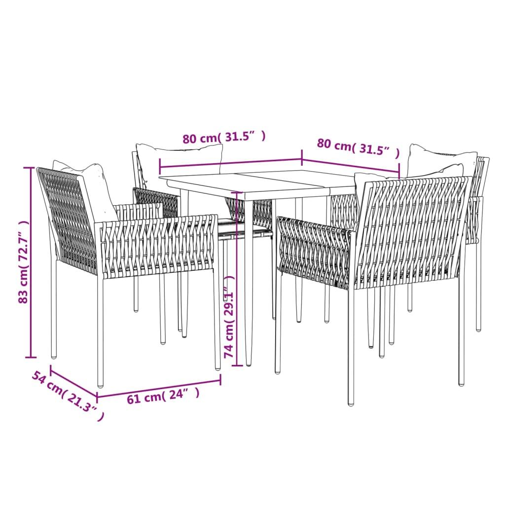 5 Piece Garden Dining Set with Cushions Poly Rattan and Steel