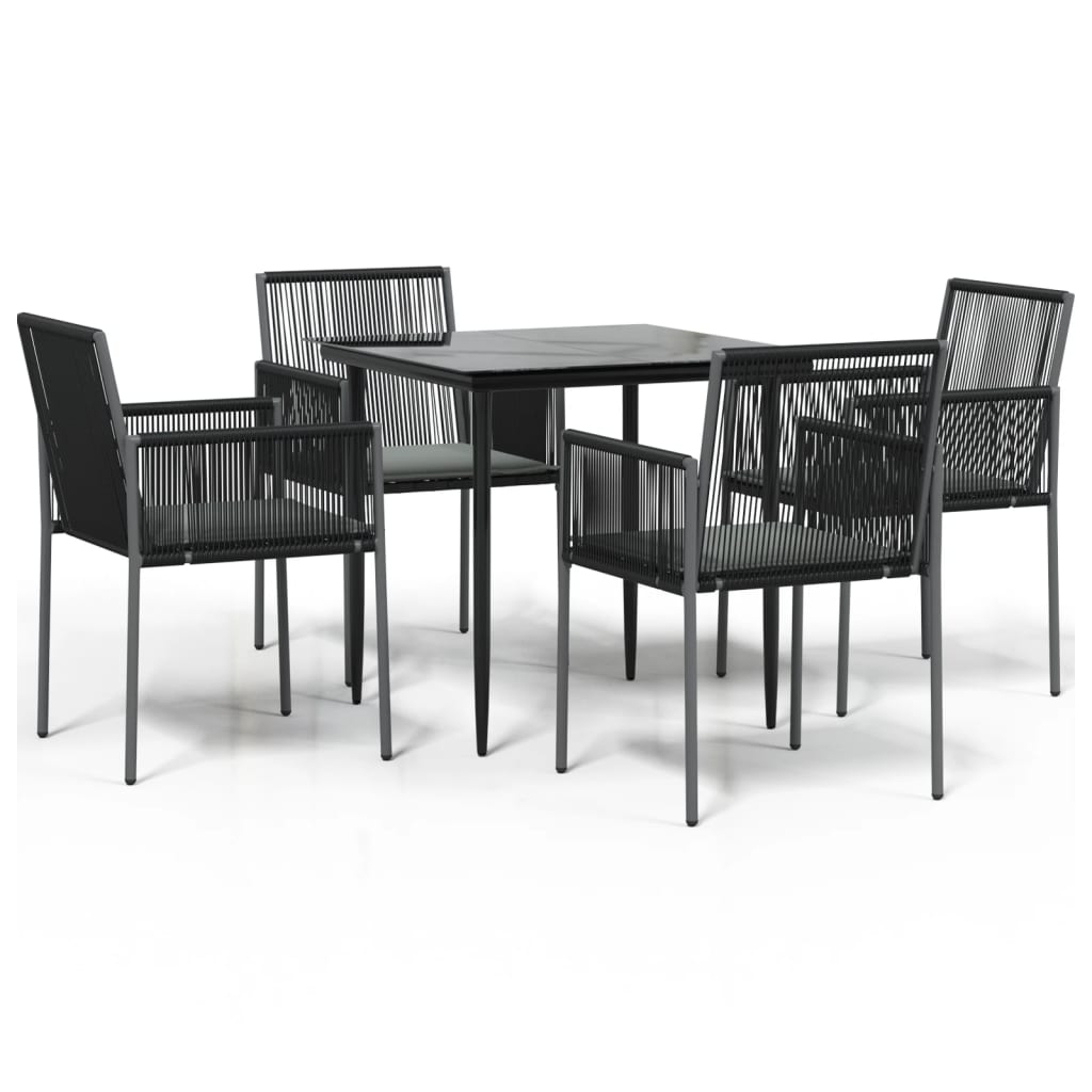 5 Piece Garden Dining Set with Cushions Black Poly Rattan and Steel