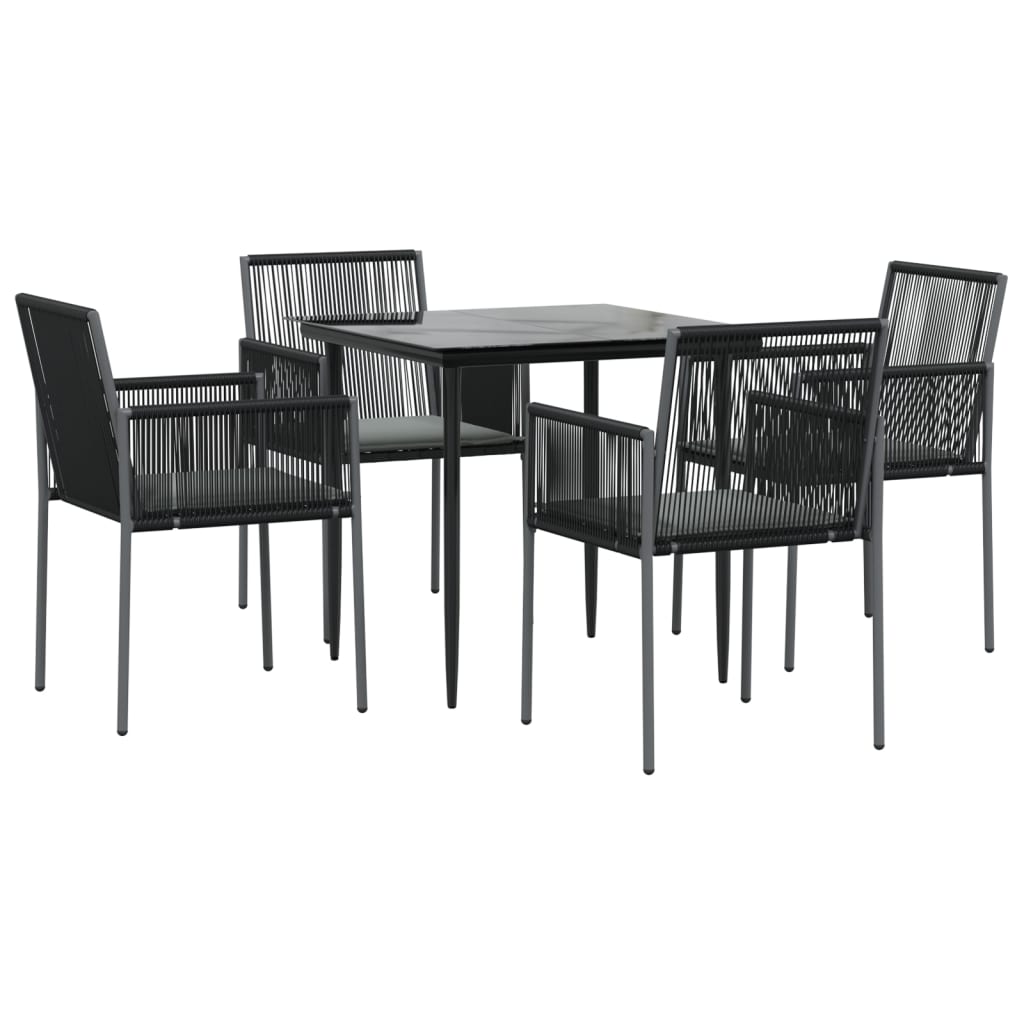 5 Piece Garden Dining Set with Cushions Black Poly Rattan and Steel