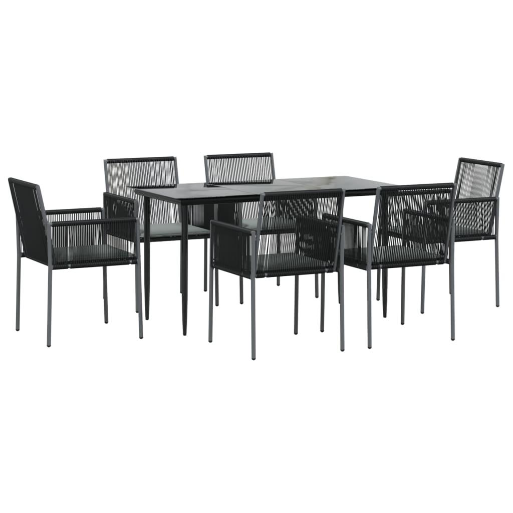 7 Piece Garden Dining Set with Cushions Black Poly Rattan and Steel