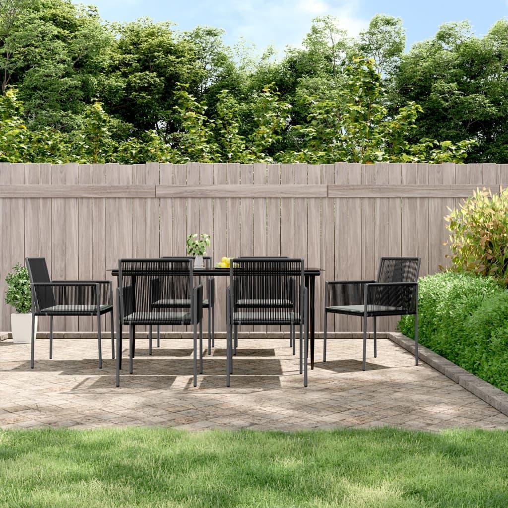 7 Piece Garden Dining Set with Cushions Black Poly Rattan and Steel