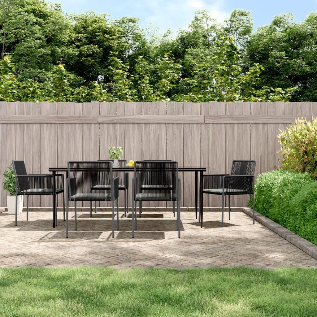 7 Piece Garden Dining Set with Cushions Black Poly Rattan and Steel