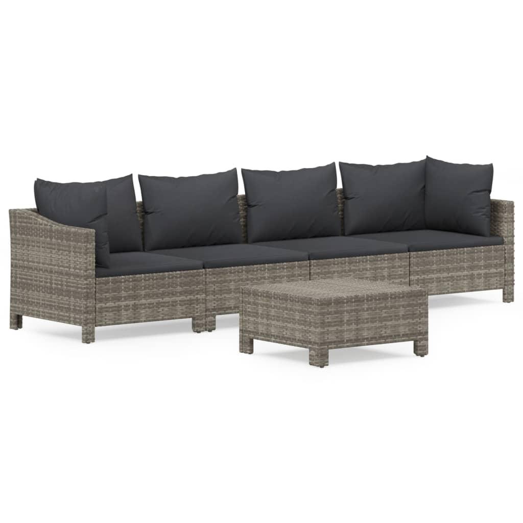 5 Piece Garden Lounge Set with Cushions Grey Poly Rattan