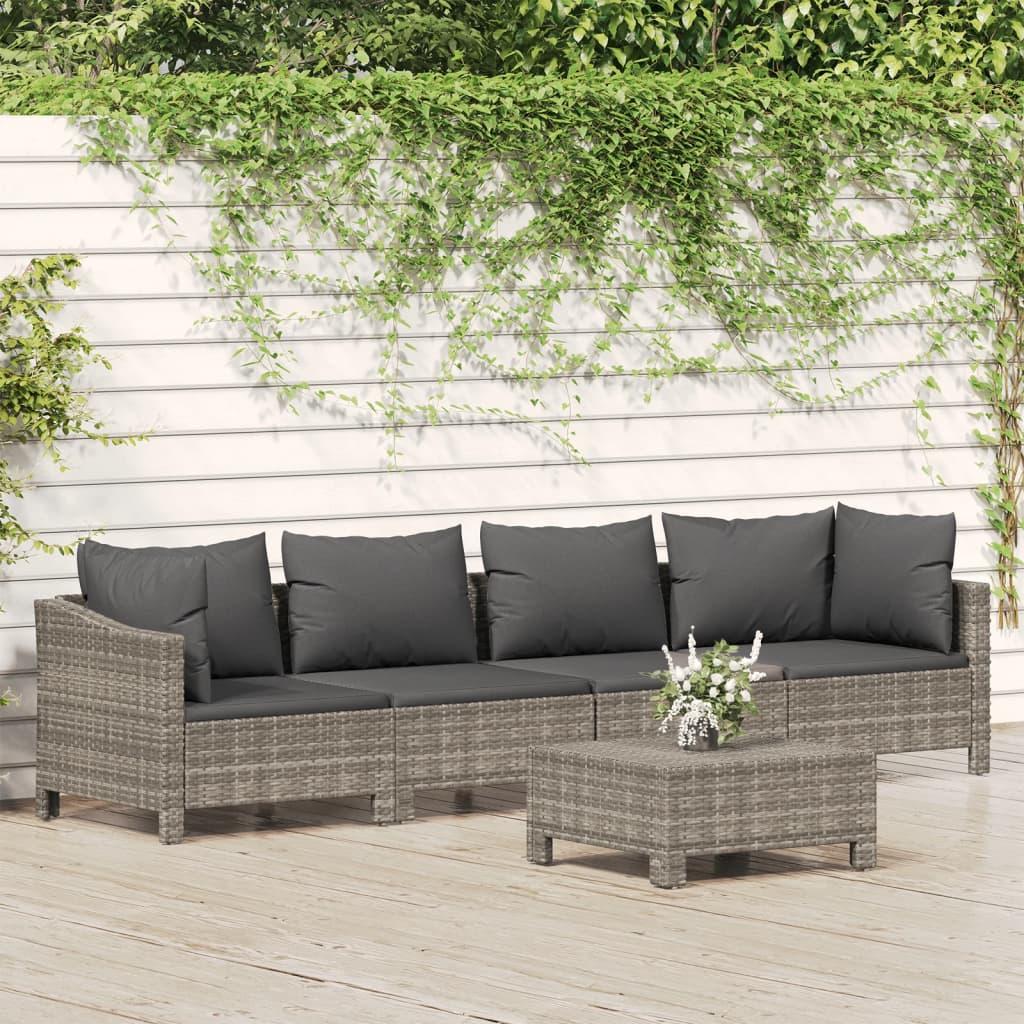 5 Piece Garden Lounge Set with Cushions Grey Poly Rattan