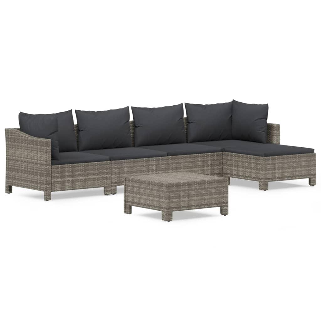 6 Piece Garden Lounge Set with Cushions Grey Poly Rattan