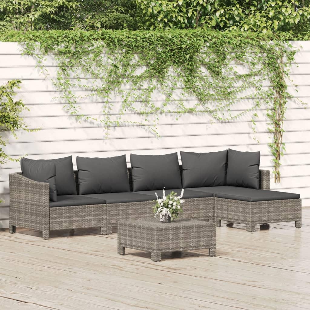 6 Piece Garden Lounge Set with Cushions Grey Poly Rattan