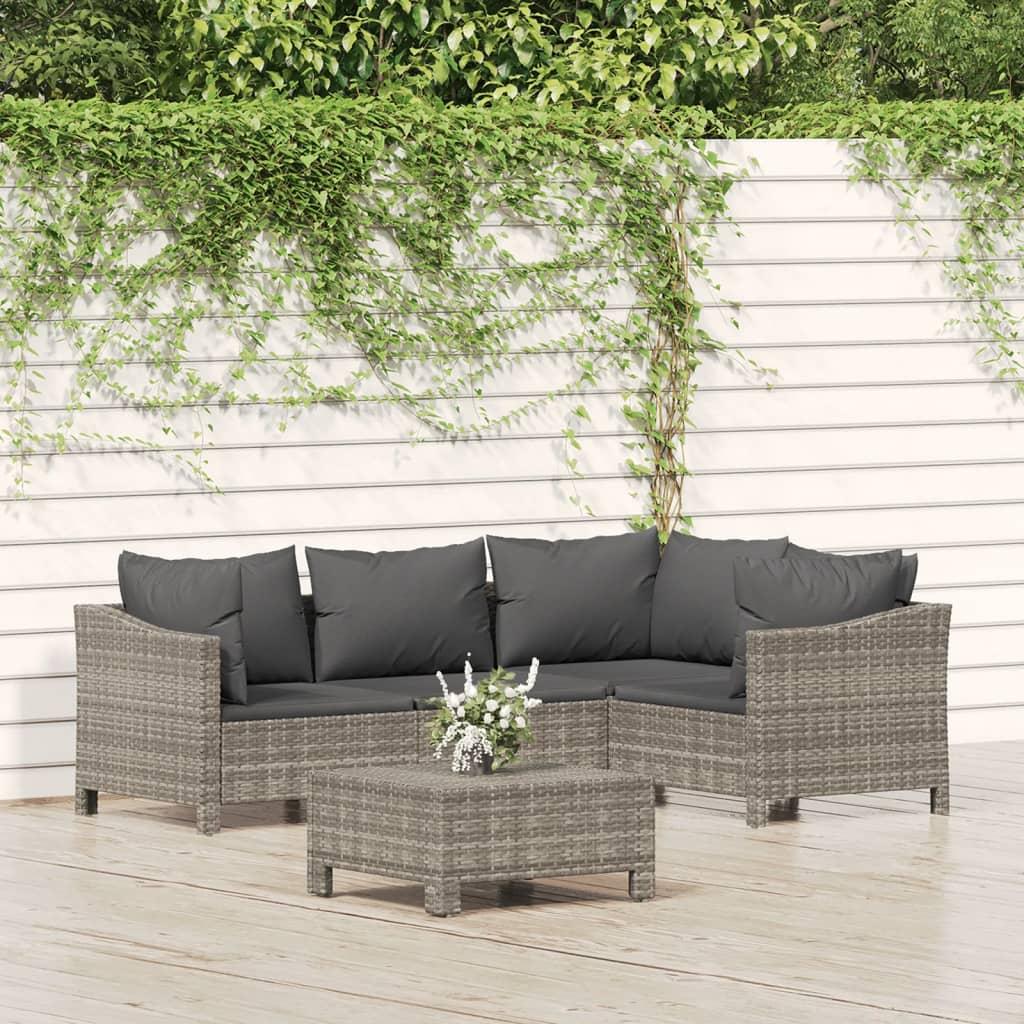 5 Piece Garden Lounge Set with Cushions Grey Poly Rattan