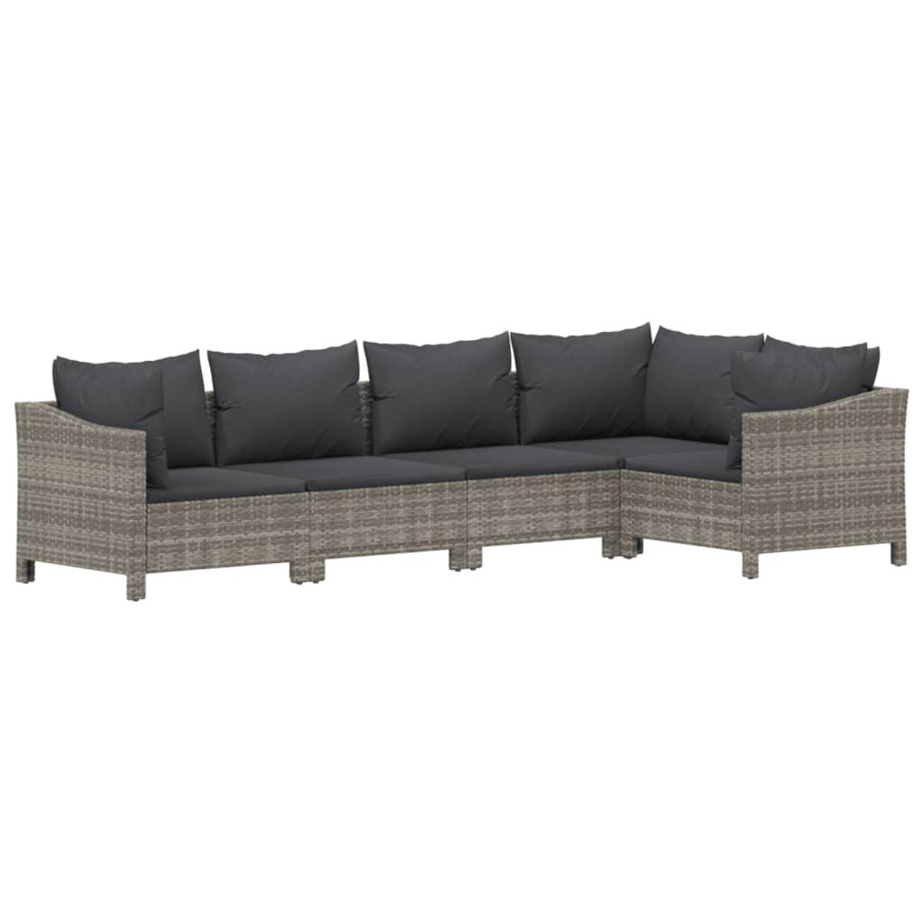 5 Piece Garden Lounge Set with Cushions Grey Poly Rattan