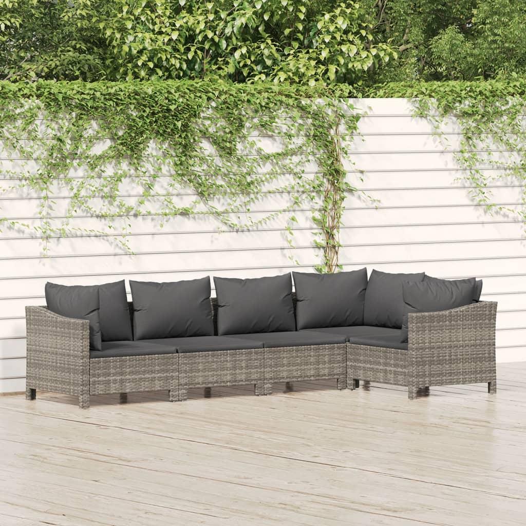 5 Piece Garden Lounge Set with Cushions Grey Poly Rattan