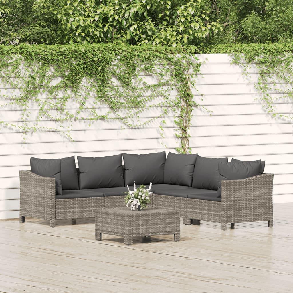 6 Piece Garden Lounge Set with Cushions Grey Poly Rattan