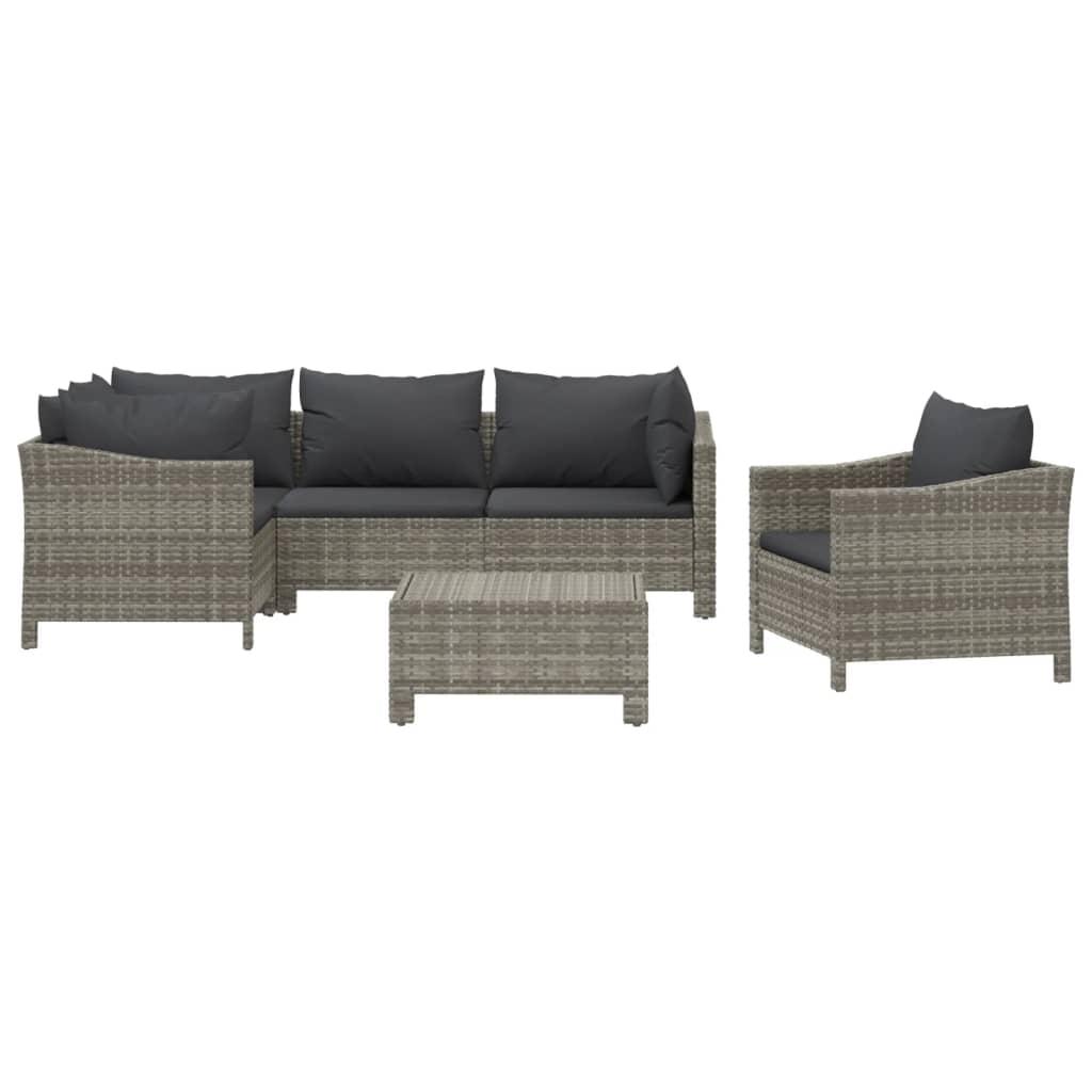 6 Piece Garden Lounge Set with Cushions Grey Poly Rattan