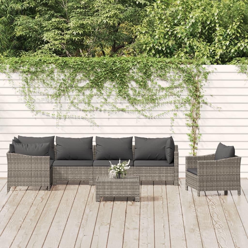 7 Piece Garden Lounge Set with Cushions Grey Poly Rattan