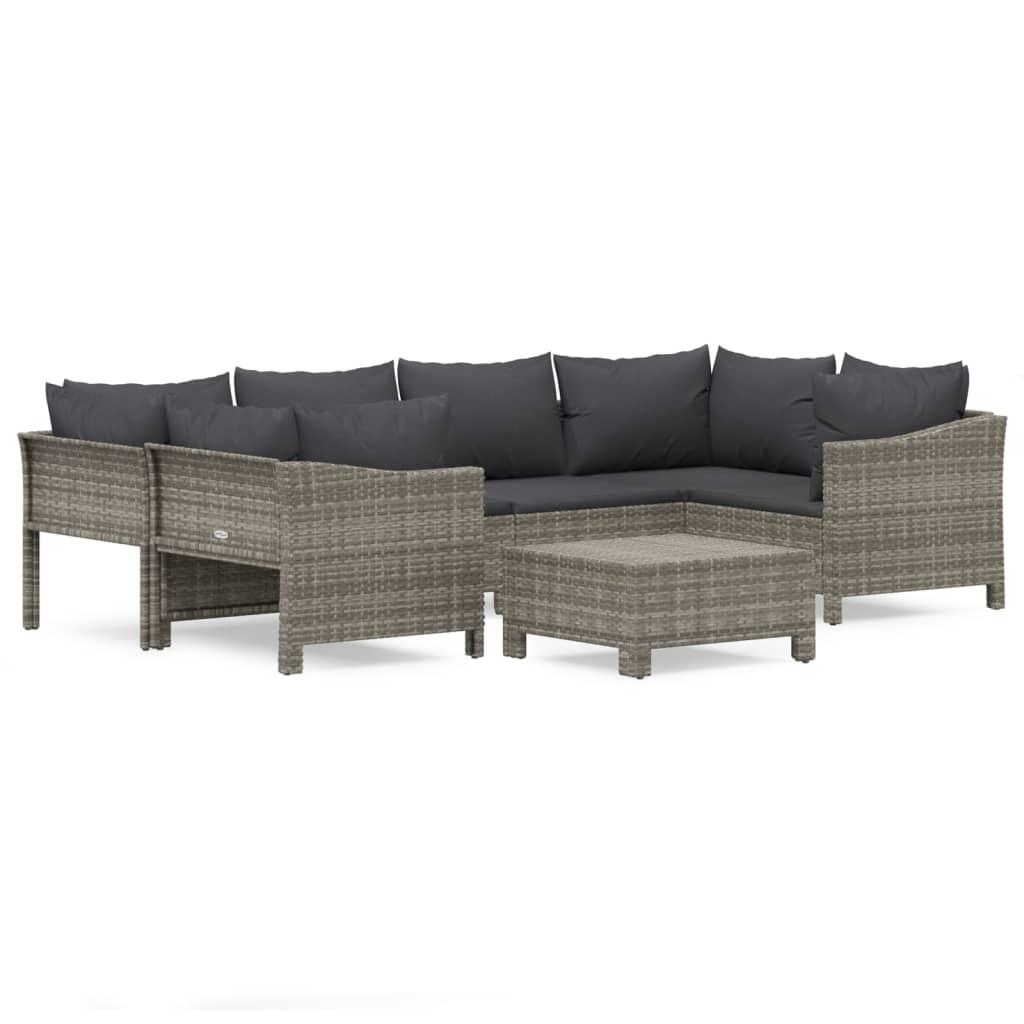 7 Piece Garden Lounge Set with Cushions Grey Poly Rattan