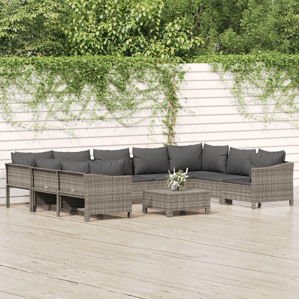 10 Piece Garden Lounge Set with Cushions Grey Poly Rattan