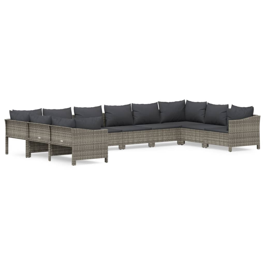 10 Piece Garden Lounge Set with Cushions Grey Poly Rattan