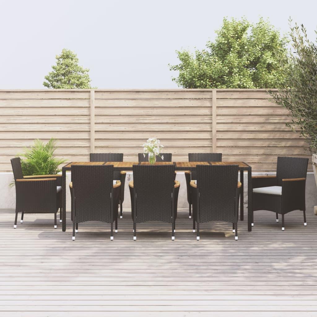 9 Piece Garden Dining Set with Cushions Black Poly Rattan