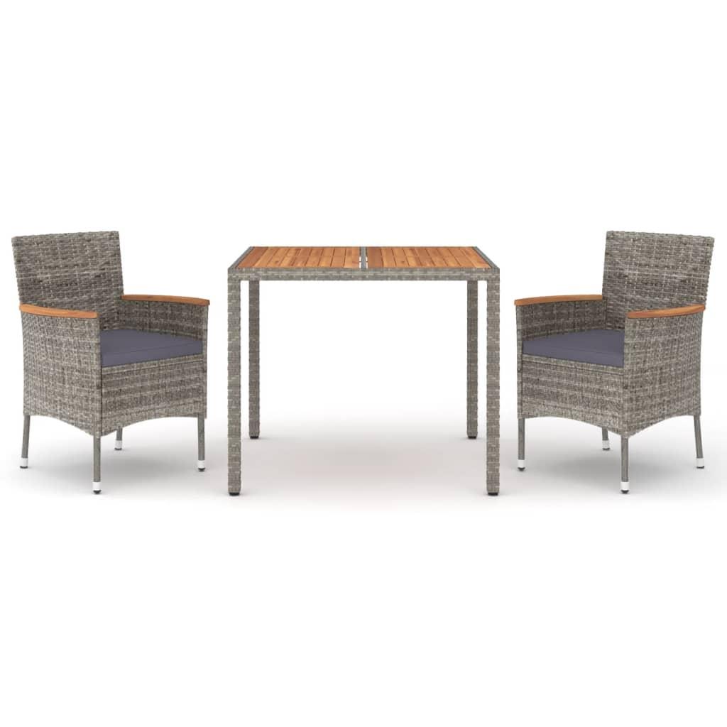 3 Piece Garden Dining Set with Cushions Grey Poly Rattan