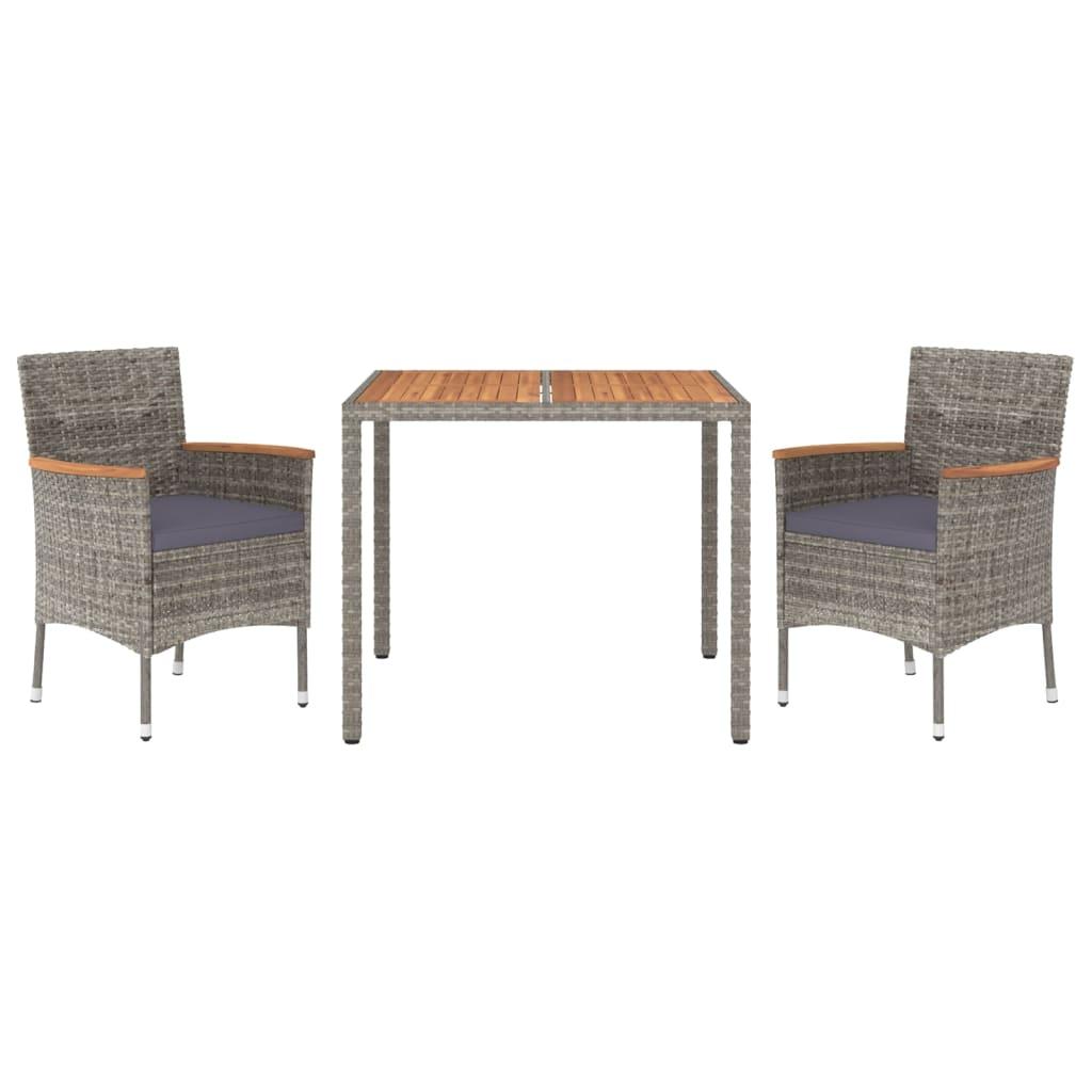 3 Piece Garden Dining Set with Cushions Grey Poly Rattan