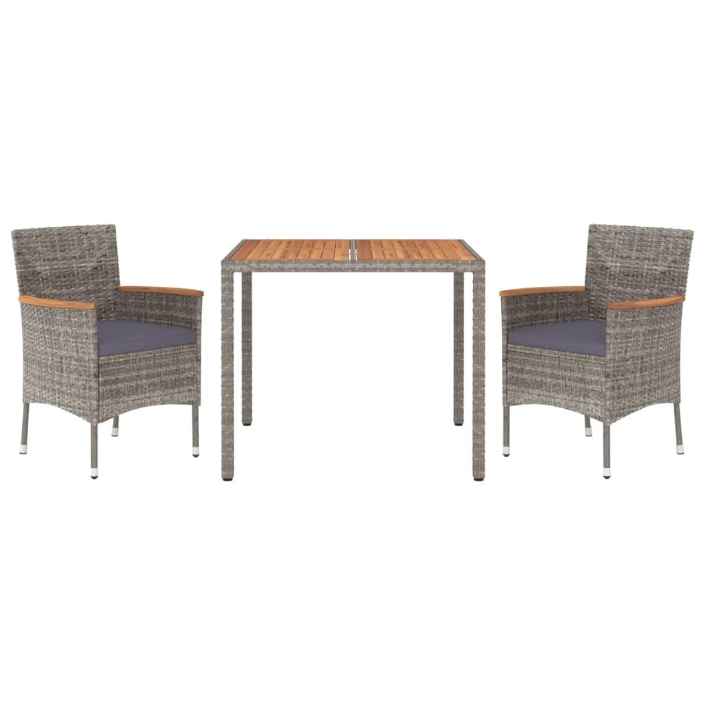 3 Piece Garden Dining Set with Cushions Grey Poly Rattan