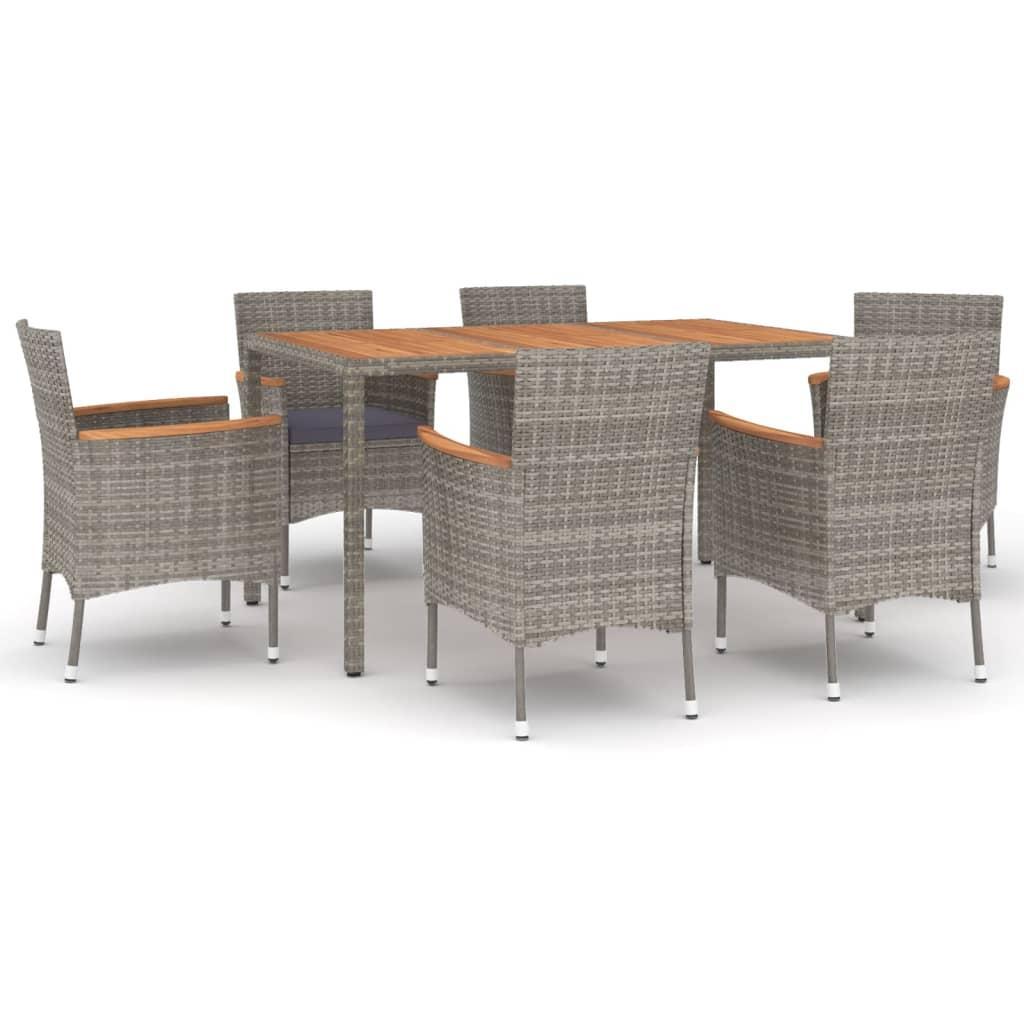 7 Piece Garden Dining Set with Cushions Grey Poly Rattan