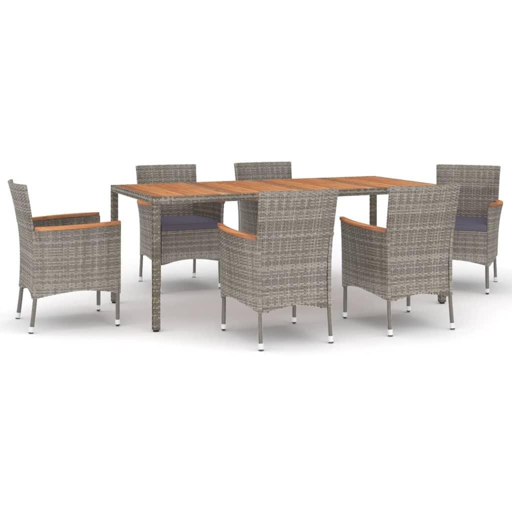 7 Piece Garden Dining Set with Cushions Grey Poly Rattan