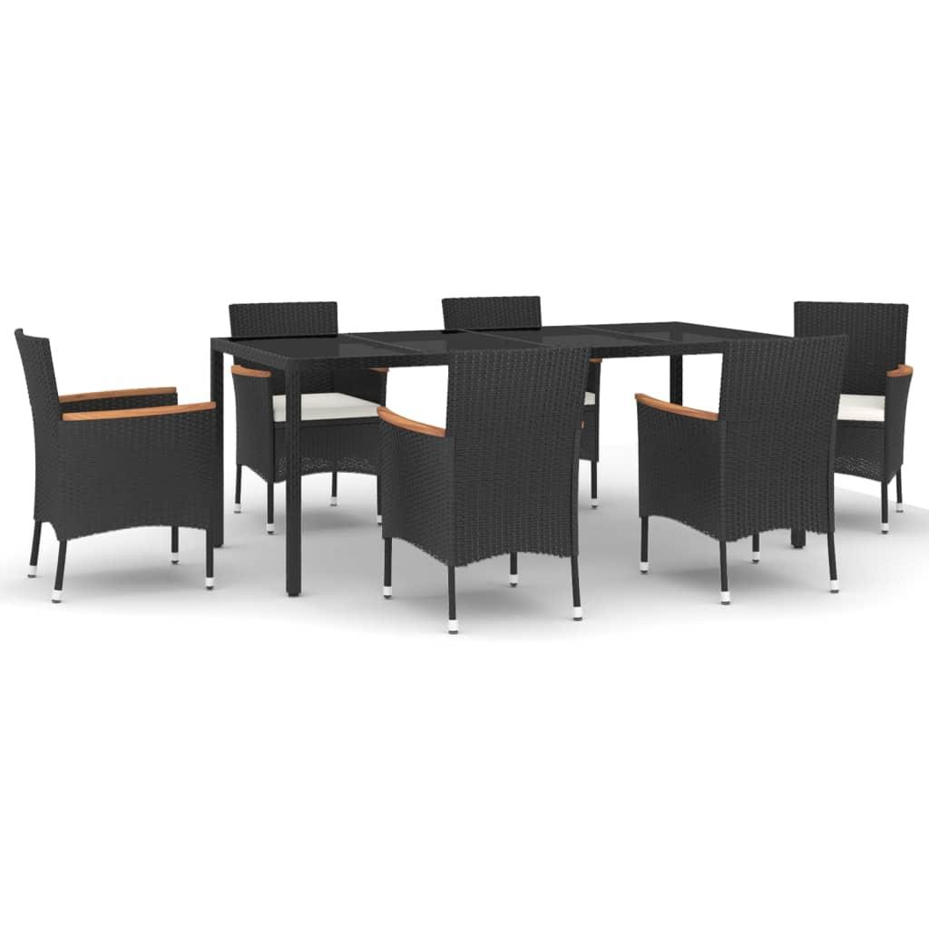 7 Piece Garden Dining Set with Cushions Black Poly Rattan