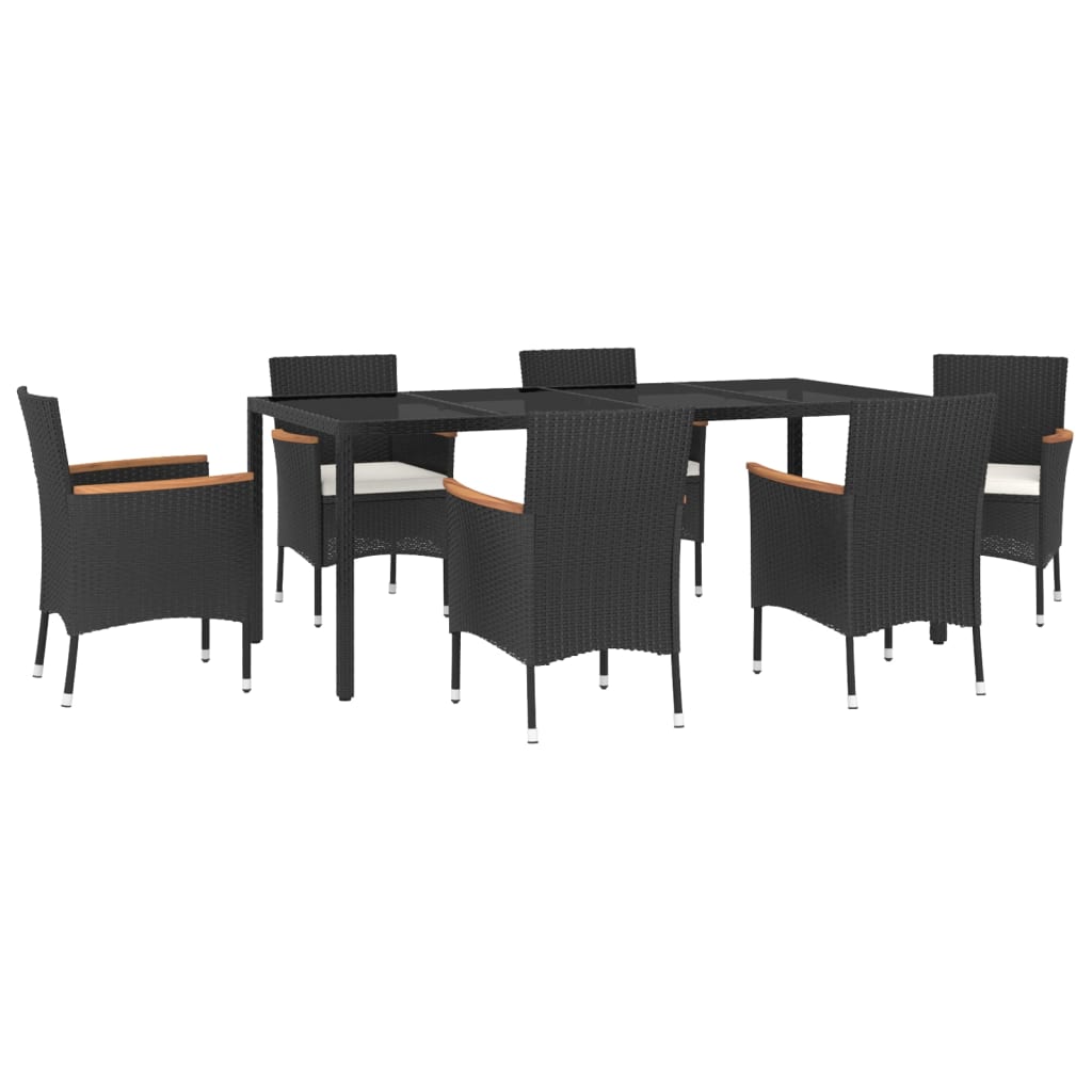 7 Piece Garden Dining Set with Cushions Black Poly Rattan